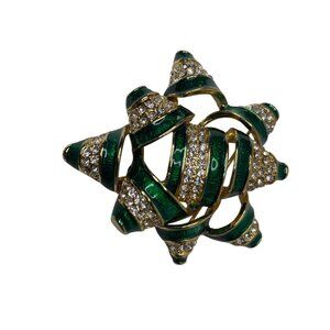 Napier Green Enamel Bow Brooch with Rhinestones